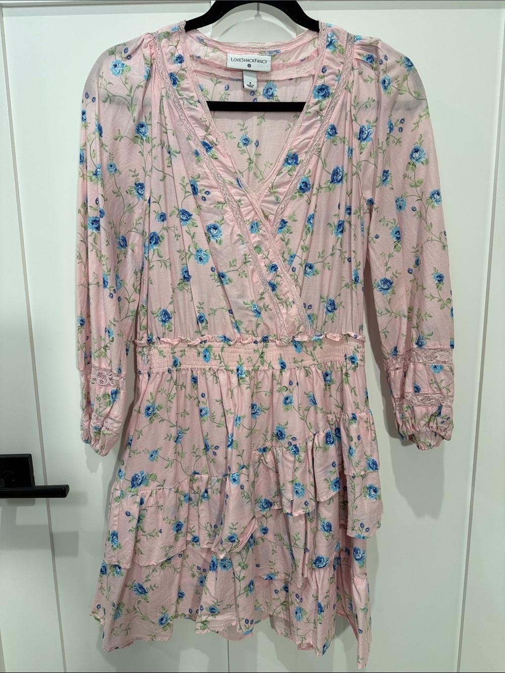 LoveShackFancy Pink Blue Floral Wrap Tiered Ruffle Dress